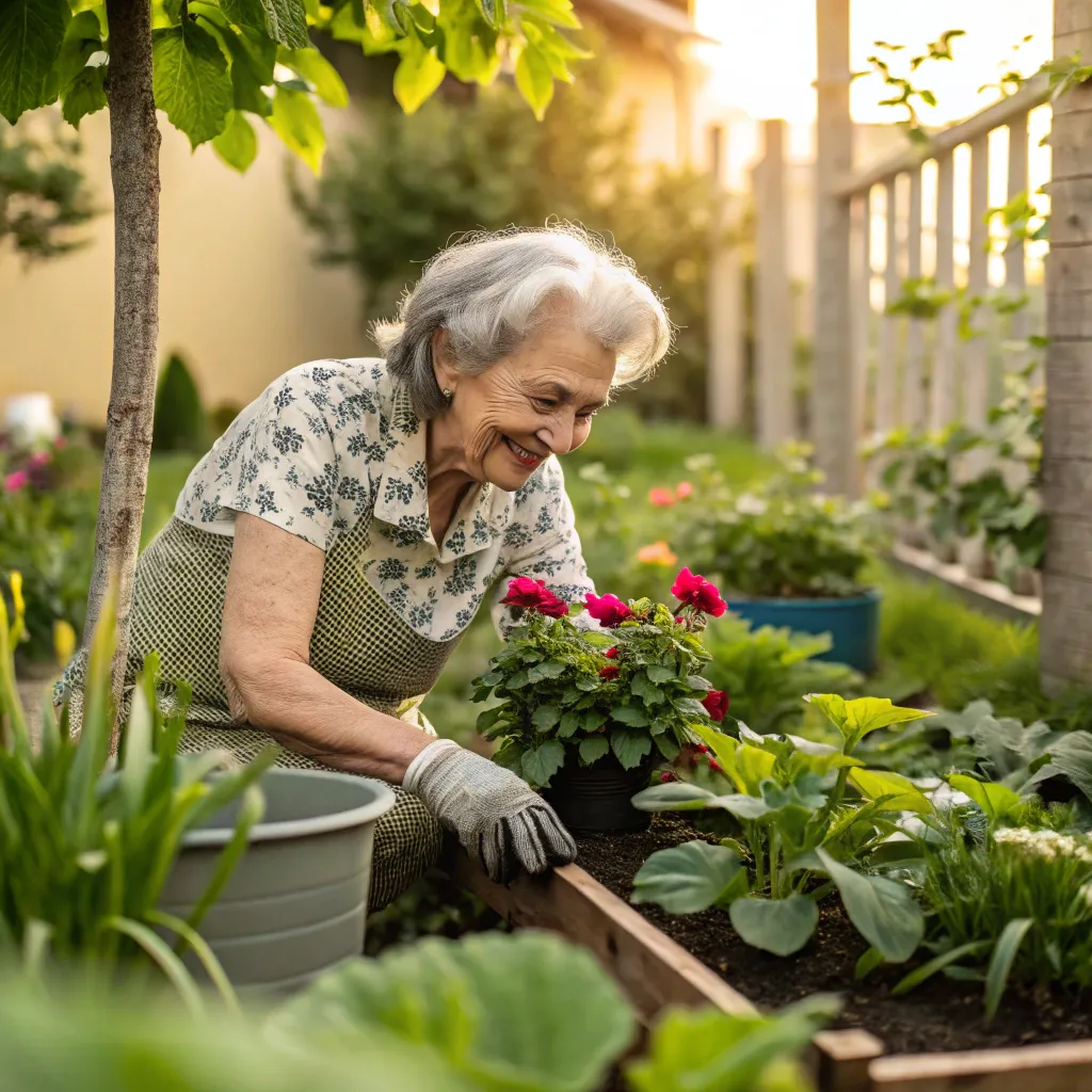 Elderly woman with plants